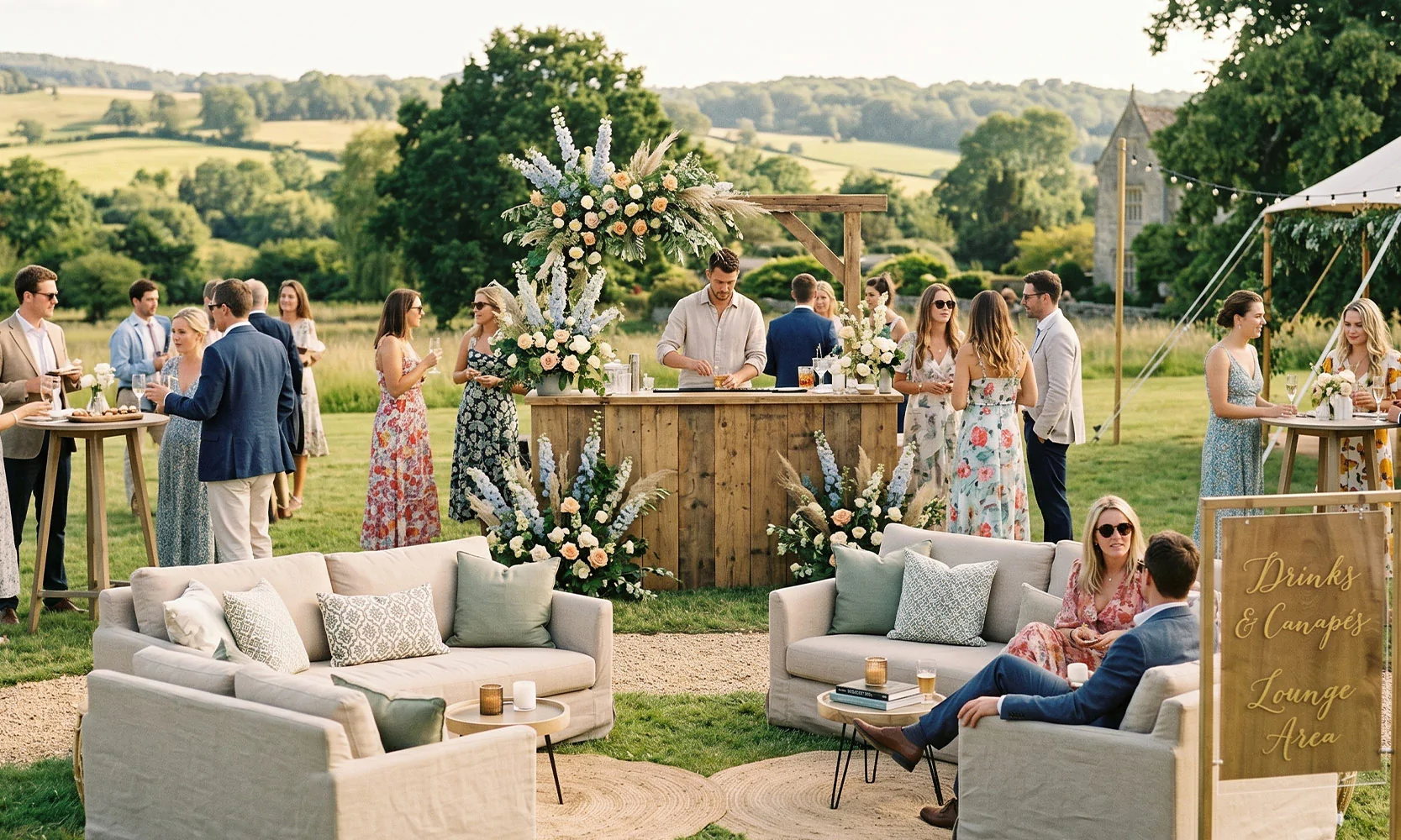 Outdoor summer wedding with wooden bar.