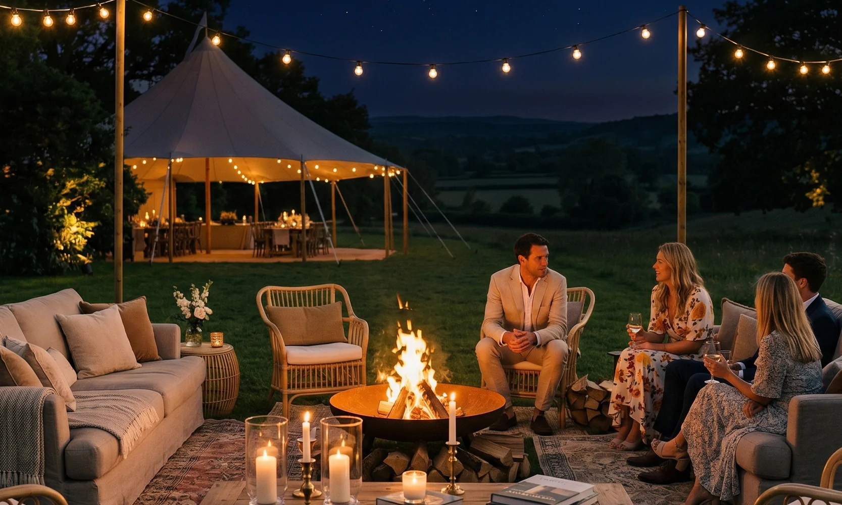 An outdoor wedding drinks reception in the UK featuring a rustic wooden bar with floral installations, styled lounge seating with grey sofas, and high-top standing tables for an experience-led guest journey.