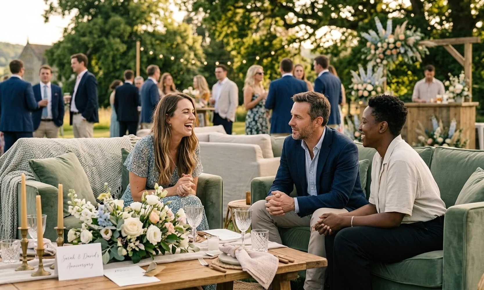 Guests relaxing at a dinner garden party.