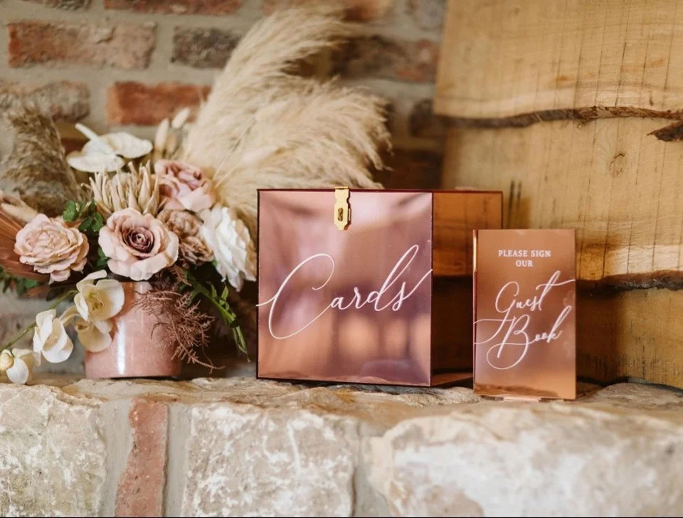 Decor Extras For Hire In The Hertfordshire Area - Copper Acrylic Card Postbox & Guestbook Sign