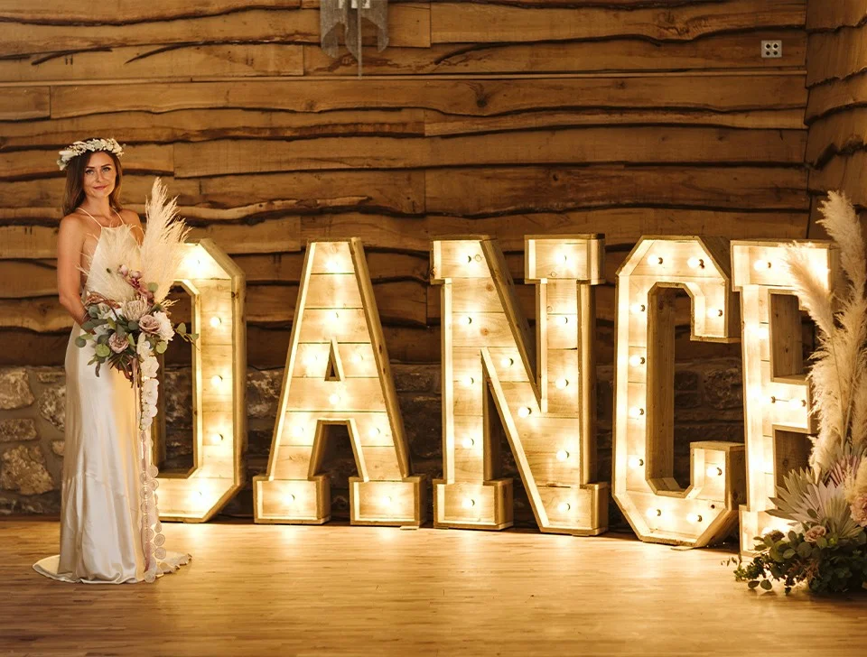 Luxury Wedding Decor For Hire - Reclaimed Light-Up 'DANCE' Letters