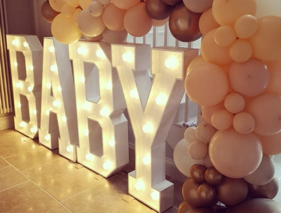 Chesham Baby Shower Styling & Decor Hire - White 'BABY' Light-Up Letters