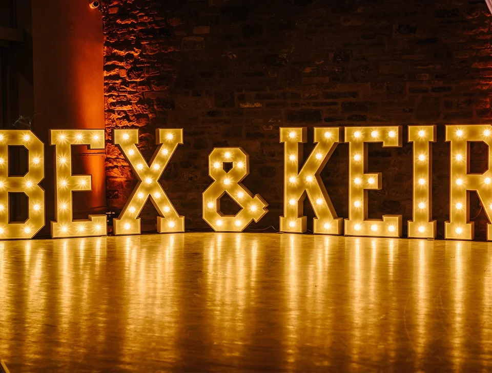 Egham Anniversary Party Styling & Decor Hire - White Light-Up First Names