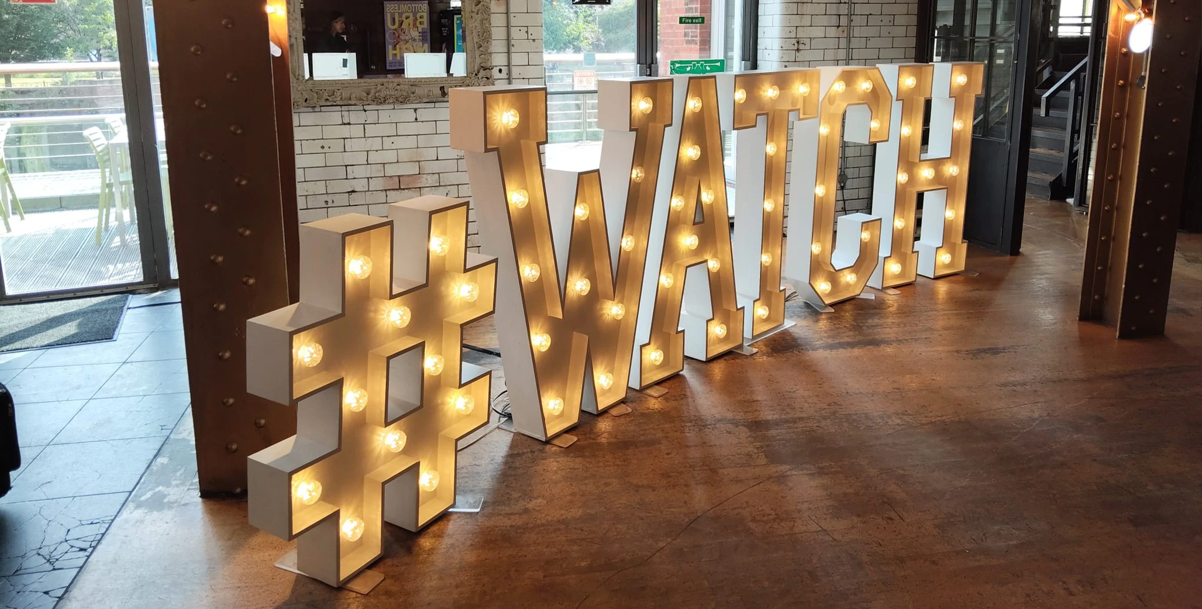 White Light-Up Hashtag for hire from Elizabeth James Events